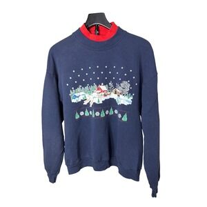 J. Macinallys Womens Navy Blue Winter Village Graphic Sweatshirt Mock Neck L